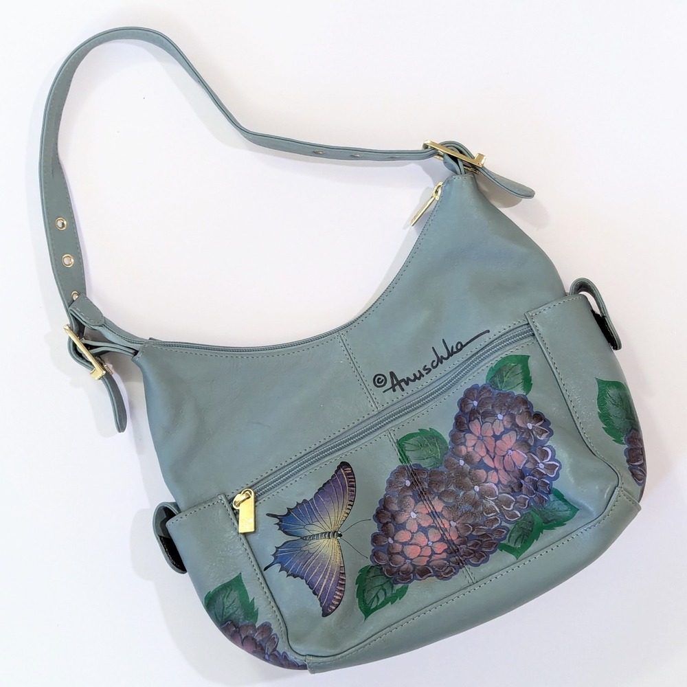 Anuschka Leather Hobo Shoulder Bag Hand Painted Butterfly Floral Hydrangea Used